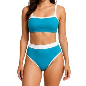 Women's Turquoise Blue & White Contrast Sporty Mid Rise Bikini Set Size M NWOT